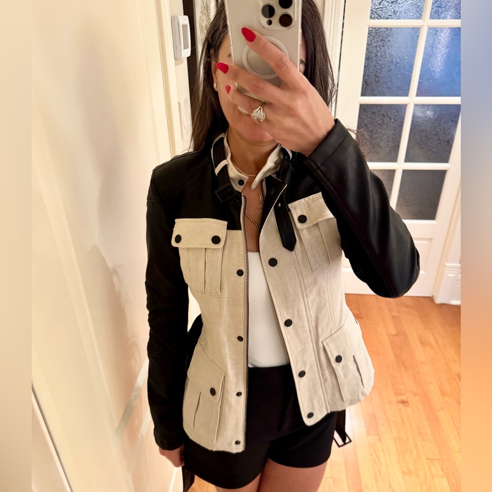 BCBGMaxAzria Vegan Black Leather and Cream Linen Two-Tone Utility Jacket